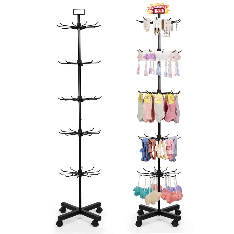 Exttlliy Retail Display Stand Store Display Rack 5 Tier Metal Spinning Display Stand Rack with Wheels Keychain Jewelry Stocking Hat Display Stand with Hooks for Malls Showroom Retail Store Black