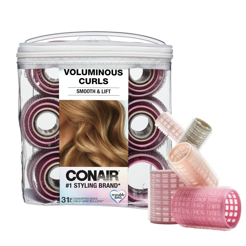 Conair Heatless Curls Hair Roller - 31 Count  Assorted sizes & Colors - Pink  Gray & Purple - Overnight Curl Rollers w/storage case - Image 1