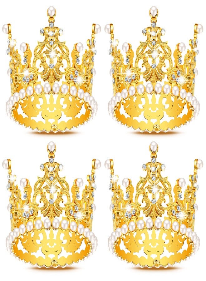 LEIFIDE 4 Pcs Mini Crown Gold Cake Topper Tiny Tiara Cake Decoration for Wedding Pearl Crystal Vintage Queen Crown for Women Lady Girl Wedding Royal Themed Baby Shower Decor (Gold) - Image 1