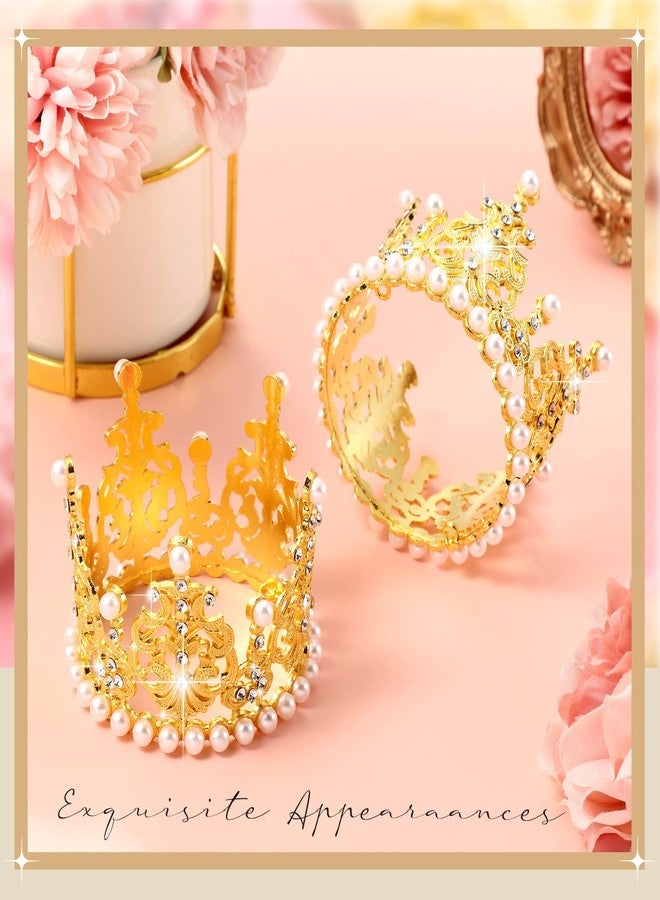 LEIFIDE 4 Pcs Mini Crown Gold Cake Topper Tiny Tiara Cake Decoration for Wedding Pearl Crystal Vintage Queen Crown for Women Lady Girl Wedding Royal Themed Baby Shower Decor (Gold) - Image 4
