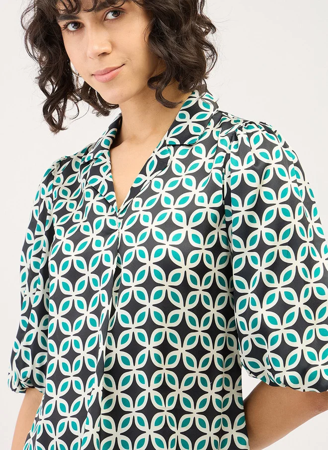 Salt Attire SALT ATTIRE Notch Neck Geometric Printed Puff Sleeves Shirt Style Top