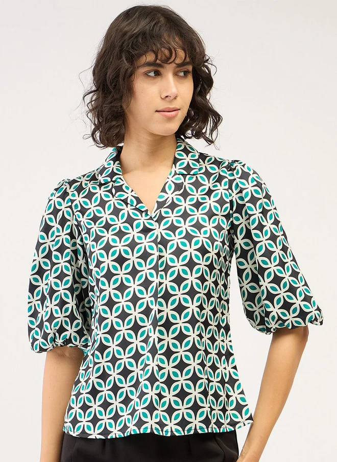 Salt Attire SALT ATTIRE Notch Neck Geometric Printed Puff Sleeves Shirt Style Top