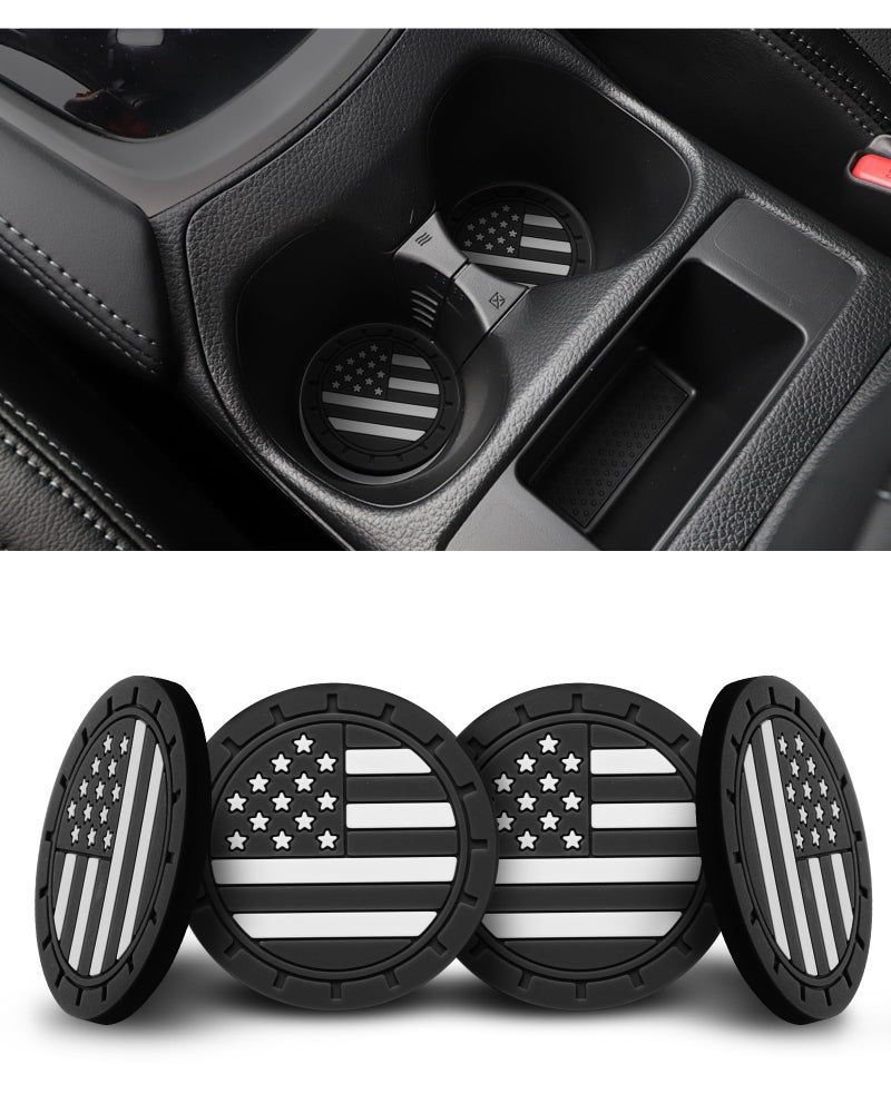 AQUAOK 4 Pack Car Cup Coasters, Universal American Flag Non-Slip Silicone Cup Holder Inserts, Car Interior Accessories, Black - Image 1