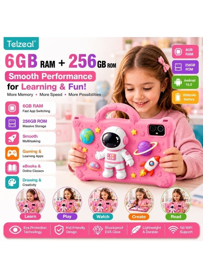 Telzeal P605 Kids Tablet 7 Inch Android 15, 6GB RAM, 256GB ROM, HD 1024×600 Display, 3000mAh Battery, 5G WiFi, Dual Cameras, Shockproof EVA Astronaut Case with Handle, Pink - Image 3