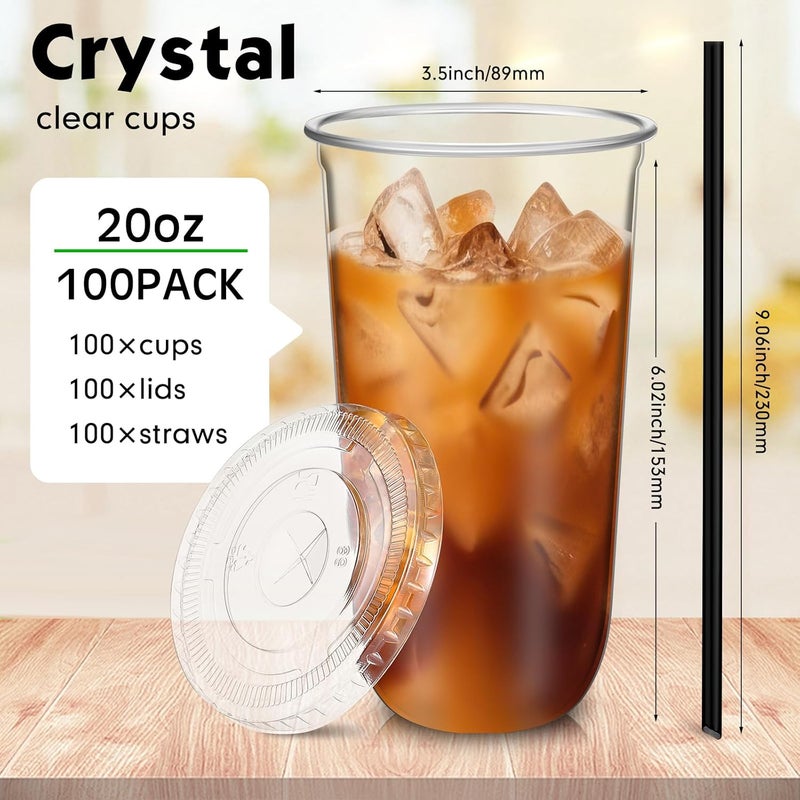 Ziliny 100 Set Clear Plastic Cups with Lids and Straws, Disposable Iced Coffee PET Cups for Drinking Cold Beverage Juice Parfait Smoothie Milkshake Coffee Shops Party Supplies(20 oz) - Image 3
