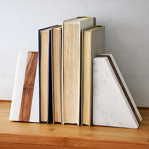 Main + Mesa Marble Geometric Bookends with Wood Inlay, White - Image 3