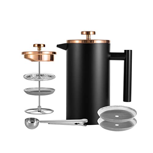 Meelio Small French Press Coffee Maker 600ml, Black Double-Wall Insulated French Press Coffee Press Stainless Steel for travel camping, Included 2 Extra Fliters and 1 Coffee Spoon (2-4cup, 20 OZ) - Image 1