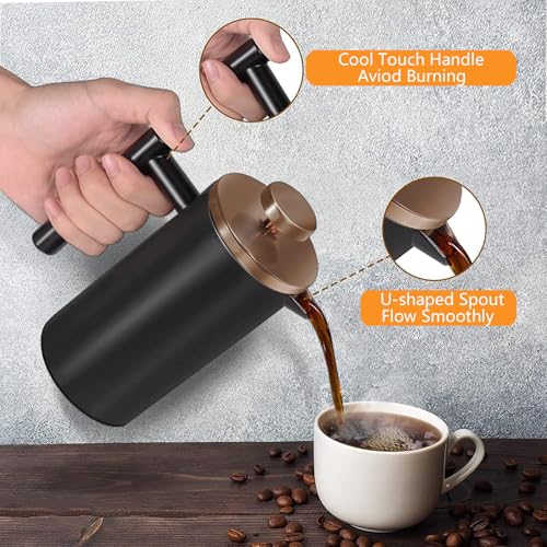 Meelio Small French Press Coffee Maker 600ml, Black Double-Wall Insulated French Press Coffee Press Stainless Steel for travel camping, Included 2 Extra Fliters and 1 Coffee Spoon (2-4cup, 20 OZ) - Image 3