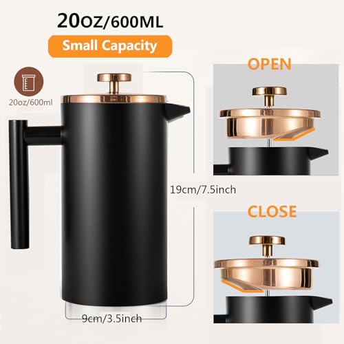 Meelio Small French Press Coffee Maker 600ml, Black Double-Wall Insulated French Press Coffee Press Stainless Steel for travel camping, Included 2 Extra Fliters and 1 Coffee Spoon (2-4cup, 20 OZ) - Image 2