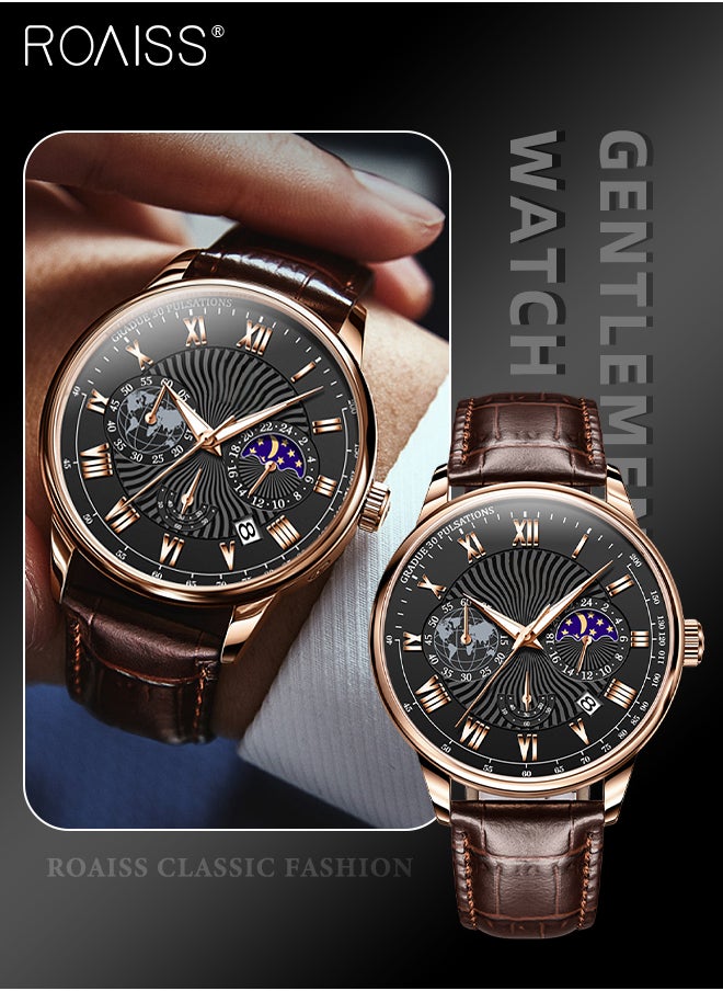 roaiss - Men's Leather Strap Chronograph Quartz Watch Round Black Dial with Moon Phase and Calendar Display Waterproof Luminous Wristwatch as Gift for Men - Image 1