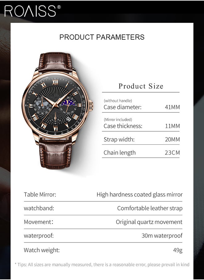 roaiss - Men's Leather Strap Chronograph Quartz Watch Round Black Dial with Moon Phase and Calendar Display Waterproof Luminous Wristwatch as Gift for Men - Image 1