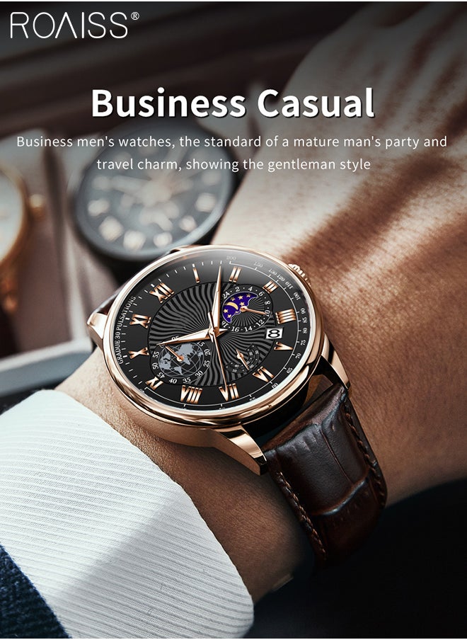 roaiss - Men's Leather Strap Chronograph Quartz Watch Round Black Dial with Moon Phase and Calendar Display Waterproof Luminous Wristwatch as Gift for Men - Image 1
