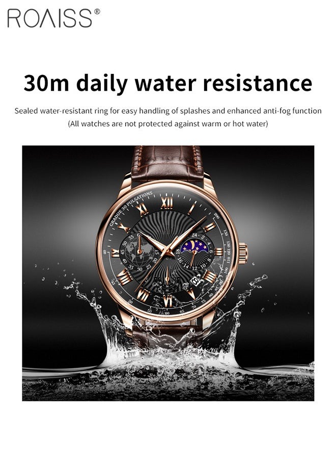 roaiss - Men's Leather Strap Chronograph Quartz Watch Round Black Dial with Moon Phase and Calendar Display Waterproof Luminous Wristwatch as Gift for Men - Image 1