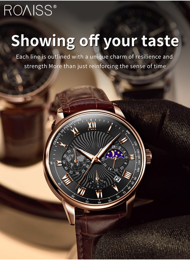roaiss - Men's Leather Strap Chronograph Quartz Watch Round Black Dial with Moon Phase and Calendar Display Waterproof Luminous Wristwatch as Gift for Men - Image 1