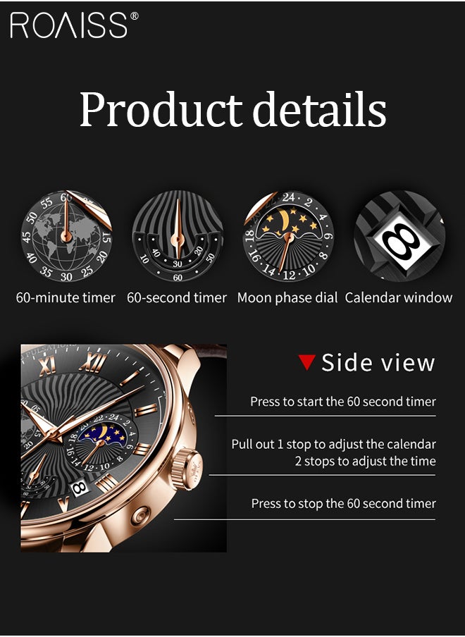 roaiss - Men's Leather Strap Chronograph Quartz Watch Round Black Dial with Moon Phase and Calendar Display Waterproof Luminous Wristwatch as Gift for Men - Image 1