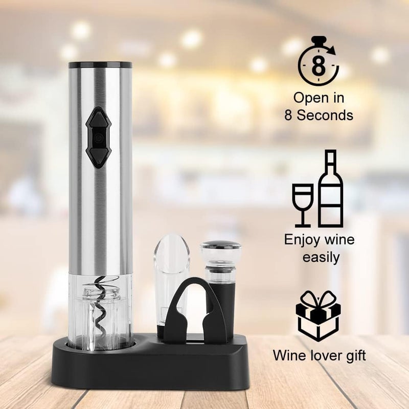 CircleJoy 5-in-1 Electric Wine Opener Gift Set Stainless Steel Electric Wine Bottle Opener Battery Operated Corkscrew with Foil Cutter, Wine Pour, Wine Stopper and Storage Base, Silver - Image 2