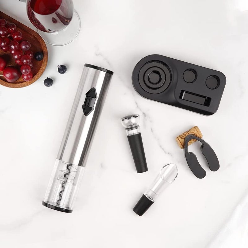 CircleJoy 5-in-1 Electric Wine Opener Gift Set Stainless Steel Electric Wine Bottle Opener Battery Operated Corkscrew with Foil Cutter, Wine Pour, Wine Stopper and Storage Base, Silver - Image 5