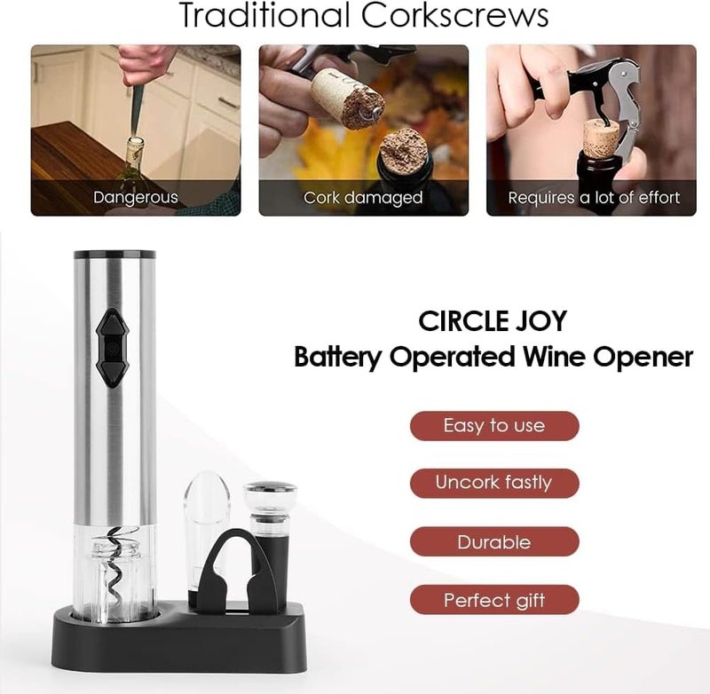 CircleJoy 5-in-1 Electric Wine Opener Gift Set Stainless Steel Electric Wine Bottle Opener Battery Operated Corkscrew with Foil Cutter, Wine Pour, Wine Stopper and Storage Base, Silver - Image 1