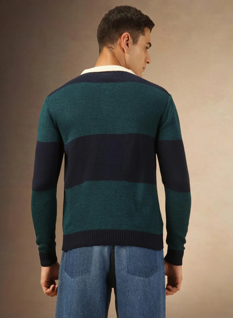 Dennis Lingo Men's Teal 100% Acrylic Striped Regular Fit Sweater
