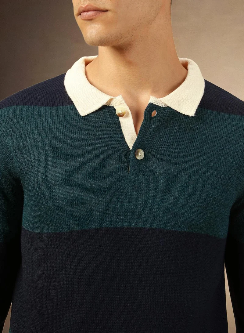 Dennis Lingo Men's Teal 100% Acrylic Striped Regular Fit Sweater