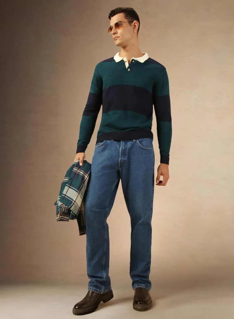 Dennis Lingo Men's Teal 100% Acrylic Striped Regular Fit Sweater