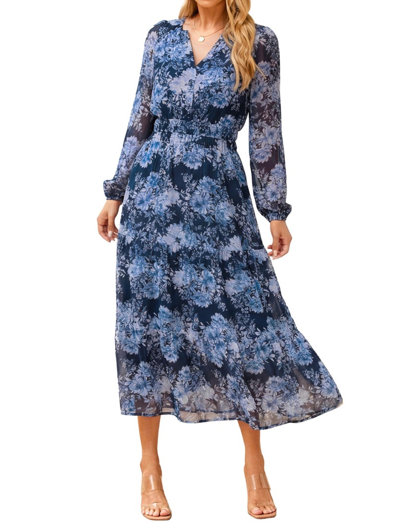 Simplee Women's Floral Boho Long Sleeve Maxi Dress V Neck Empire Waist Swing Flowy Wedding Guest Dress Blue Navy Floral L - Image 1