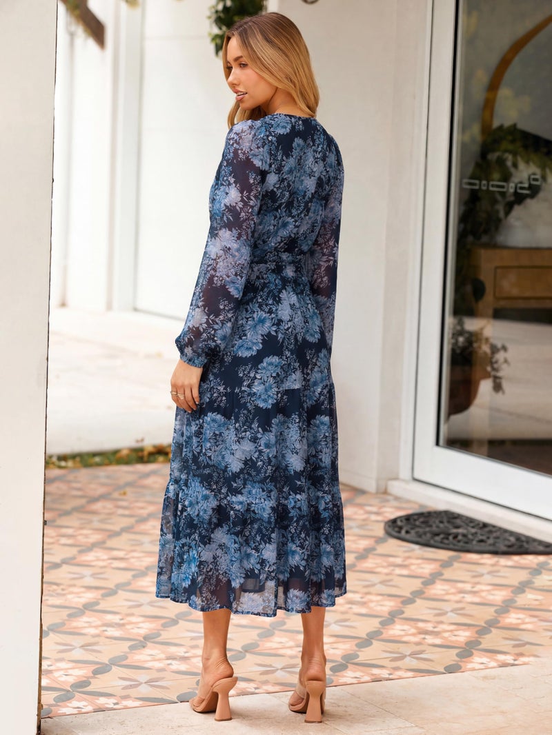 Simplee Women's Floral Boho Long Sleeve Maxi Dress V Neck Empire Waist Swing Flowy Wedding Guest Dress Blue Navy Floral L - Image 3