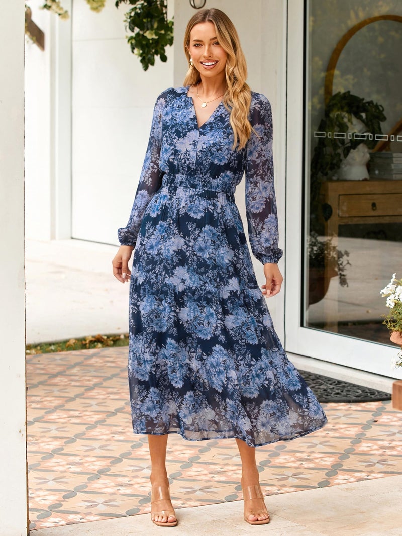 Simplee Women's Floral Boho Long Sleeve Maxi Dress V Neck Empire Waist Swing Flowy Wedding Guest Dress Blue Navy Floral L - Image 4