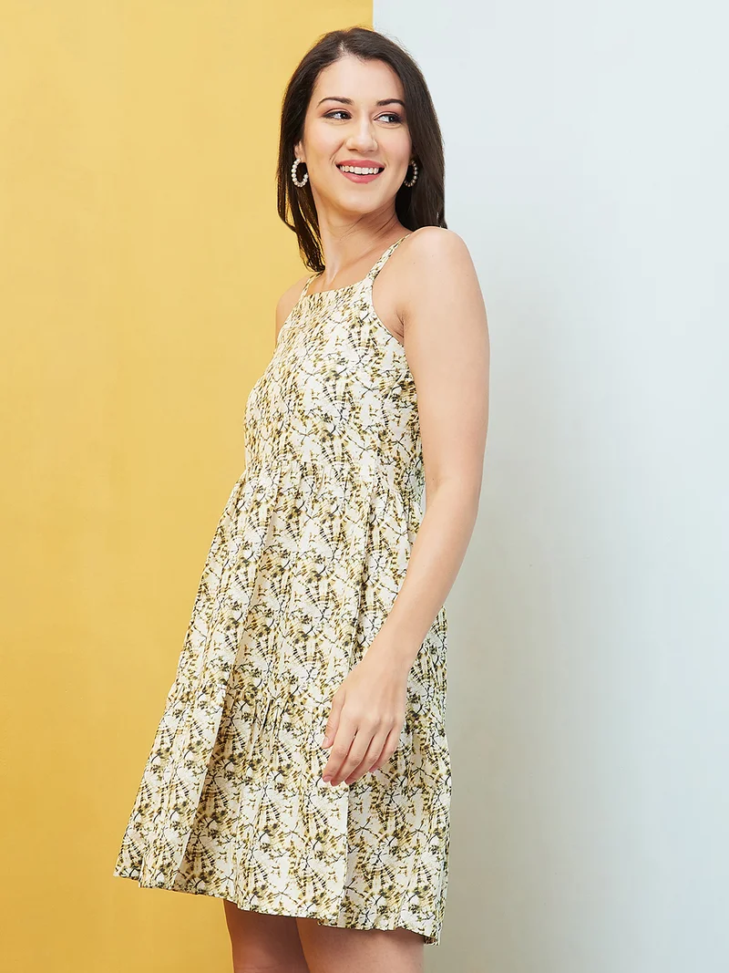 globus Globus Women Olive Green Abstract Printed Shoulder Straps Gathered Tiered A-Line Dress