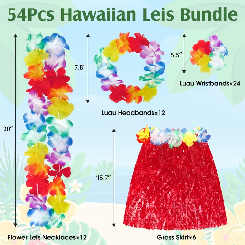 Amandir Hawaiian Leis Luau Party Decorations Set, 54Pcs Hawaiian Luau Party Supplies Flower Leis Necklaces Headbands Wristbands Grass Hula Skirt Lays Tropical Summer Beach Birthday Holiday Party Favors - Image 2