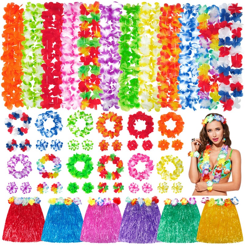 Amandir Hawaiian Leis Luau Party Decorations Set, 54Pcs Hawaiian Luau Party Supplies Flower Leis Necklaces Headbands Wristbands Grass Hula Skirt Lays Tropical Summer Beach Birthday Holiday Party Favors - Image 1