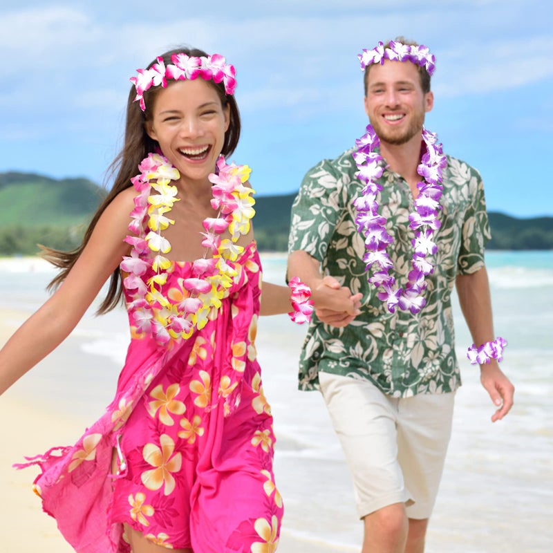 Amandir Hawaiian Leis Luau Party Decorations Set, 54Pcs Hawaiian Luau Party Supplies Flower Leis Necklaces Headbands Wristbands Grass Hula Skirt Lays Tropical Summer Beach Birthday Holiday Party Favors - Image 5
