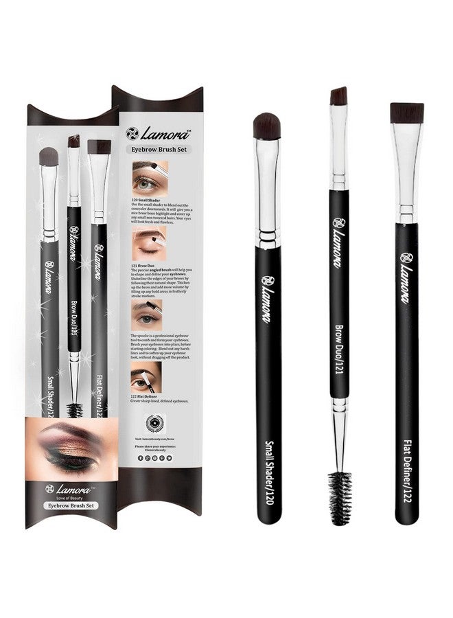 Lamora Eyebrow Brush Duo Eye Brow Spoolie Angled Eyeshadow Eyeliner Precision Flat Definer Small Shader 3 Piece Makeup Brush Set Cruelty Free Synthetic Bristles - Image 1
