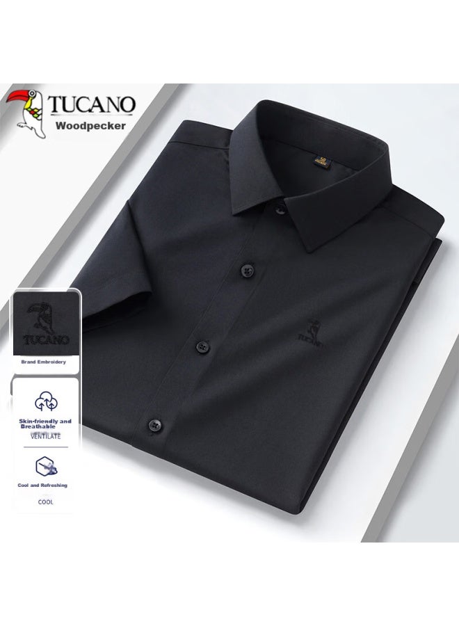 Tucano Men's Shirt, Summer Short-sleeve Shirt, Business Casual, Solid Color, Embroidered, Breathable, Versatile Menswear, A, Black, XL - Image 2
