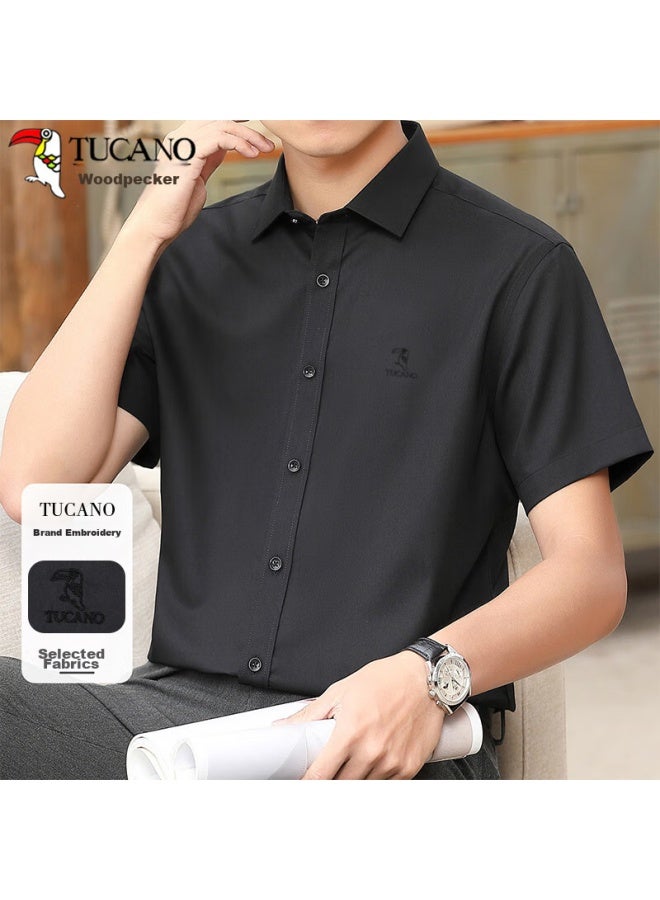 Tucano Men's Shirt, Summer Short-sleeve Shirt, Business Casual, Solid Color, Embroidered, Breathable, Versatile Menswear, A, Black, XL - Image 1