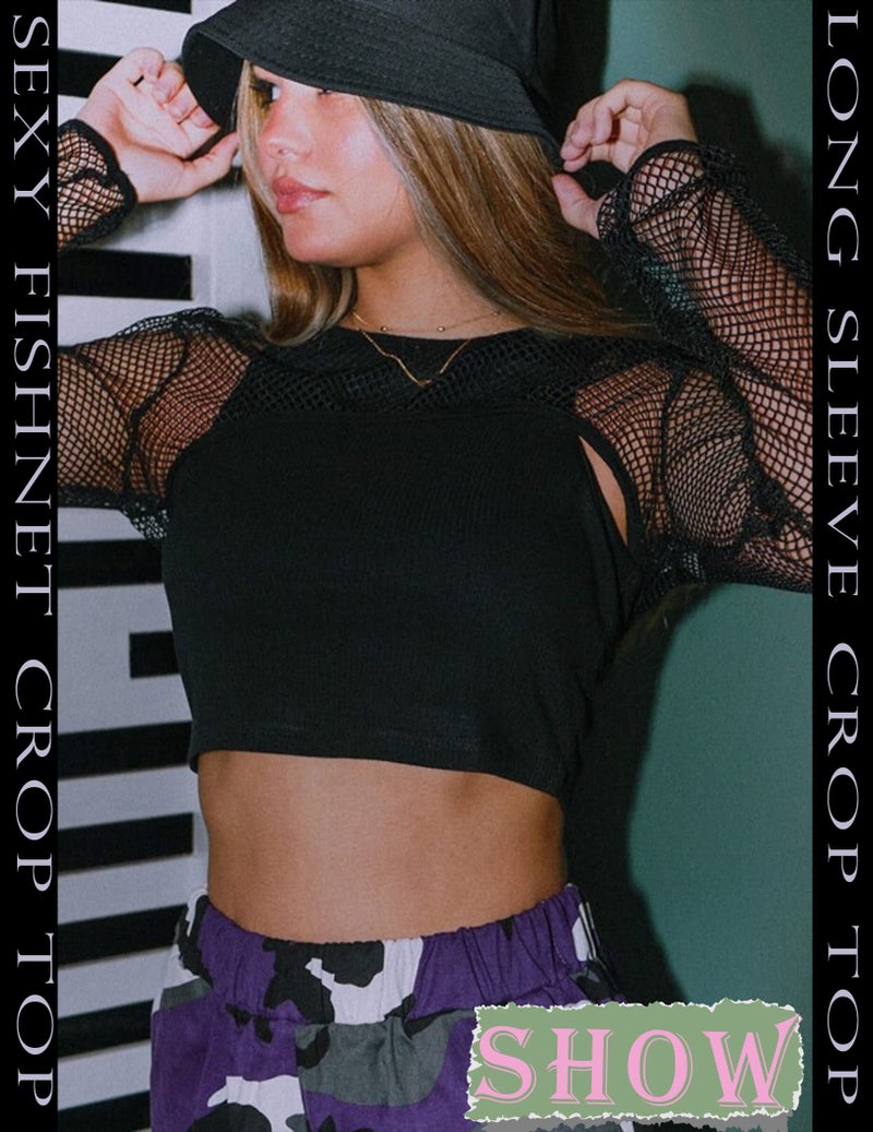 Avidlove Black Long Sleeve Shirt Women Crop Top Fishnet Shirt O Neck for Club Party M - Image 3