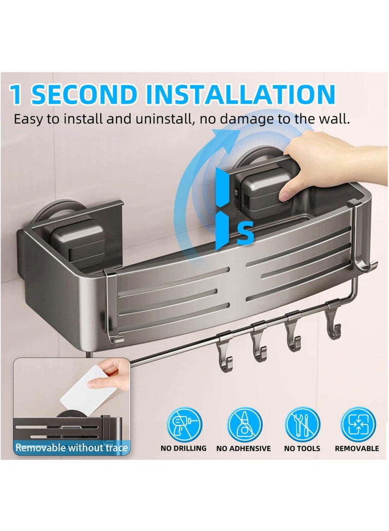 Aluminum Shower Caddy Suction Cup, No Drilling Bathroom Shower Shelf, Corner Shower Caddy with 6 Portable Hooks, Removable Bath Organizer with Towel Bar for Bathroom Storage Grey - Image 2