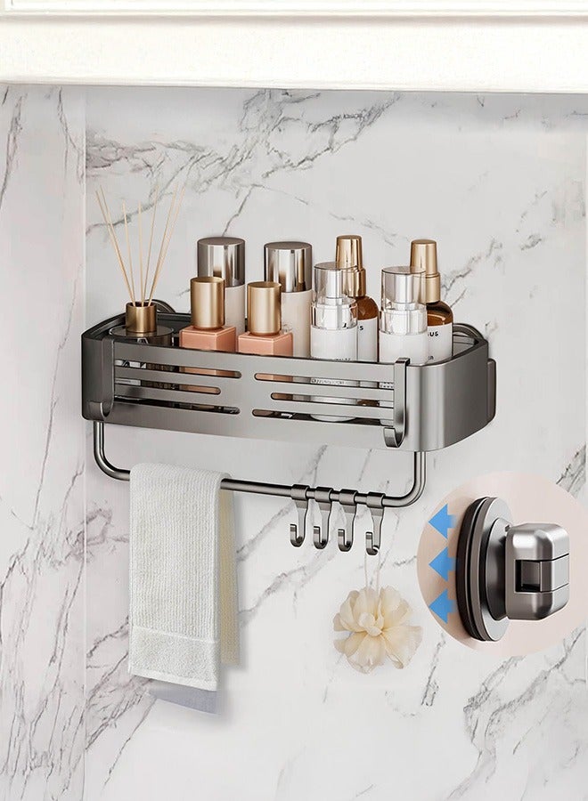 Aluminum Shower Caddy Suction Cup, No Drilling Bathroom Shower Shelf, Corner Shower Caddy with 6 Portable Hooks, Removable Bath Organizer with Towel Bar for Bathroom Storage Grey - Image 1