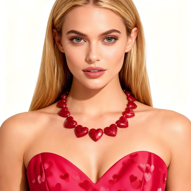 YUJIE Red Resin Necklace Chunky Heart Beaded Choker Y2K Boho Acrylic Adjustable Statement Jewelry - Image 3