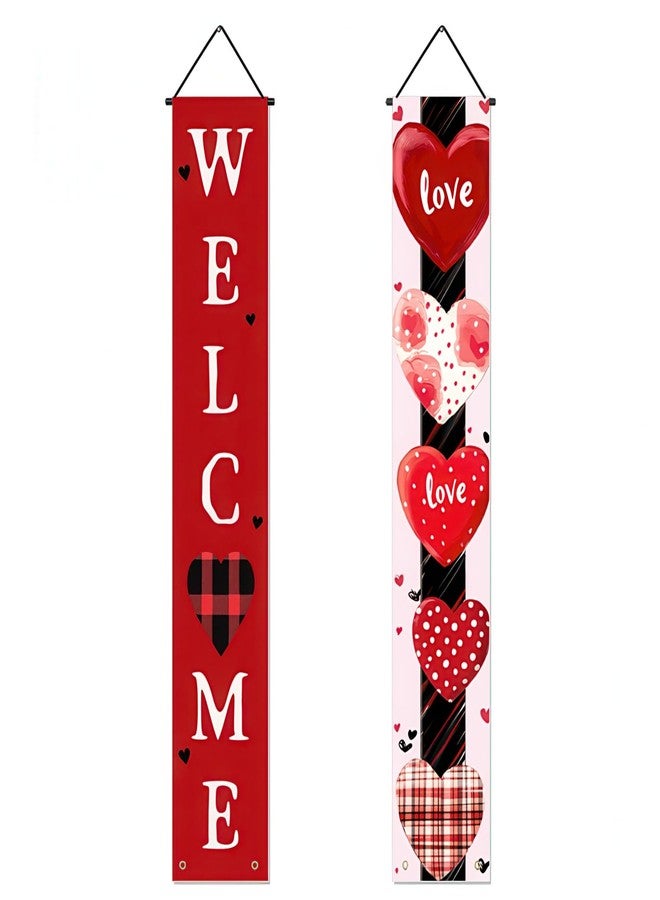 BlissYard Valentine's Day Welcome Door Banner 71x12 Inch Double-Sided Couplets for Indoor and Outdoor Hanging Decorations Romantic Heart-Themed Porch Signs for Holiday Party - Image 1