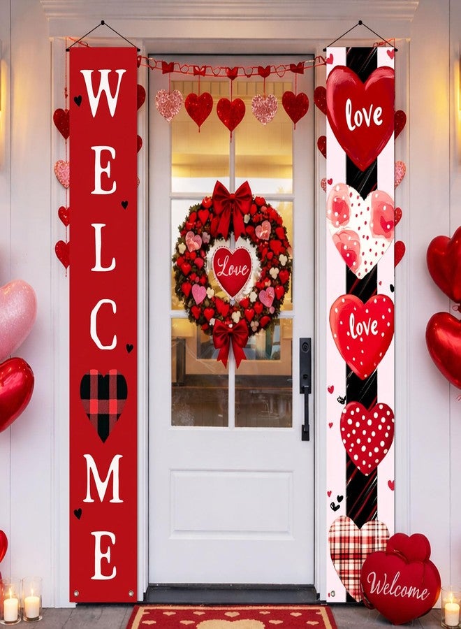 BlissYard Valentine's Day Welcome Door Banner 71x12 Inch Double-Sided Couplets for Indoor and Outdoor Hanging Decorations Romantic Heart-Themed Porch Signs for Holiday Party - Image 2