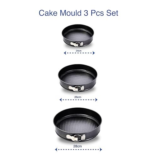 Wishome Round Springform Cake Mould Pan Set Teflon Coated Carbon Steel Lockable Non-Stick Cake Baking Mould for Microwave Oven OTG Dishwasher Safe – Baking Tray 3Pc Set (24-26-28Cm) - BK009, Black - Image 2