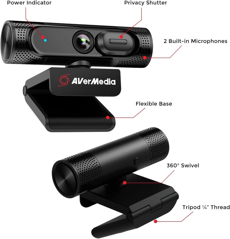 Odor resistant AVerMedia Live Streamer CAM 315, Webcam, 1080p/60fps Recording, Microphones, Fixed Focus, Wide Adjustable Field of View, Works with Skype, Zoom, Teams - Black Global easy assemble picks - Image 3
