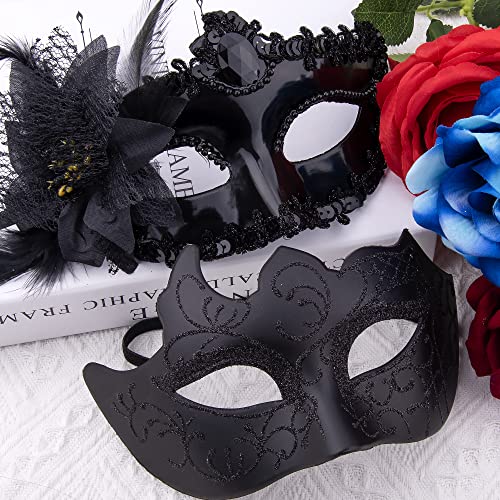 SIQUK Couple Masquerade Masks Plastic Venetian Party Mask Lace Halloween Costume Mask Rhinestone Mardi Gras Mask for Couples Women and Men, Black - Image 4