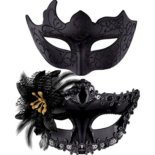 SIQUK Couple Masquerade Masks Plastic Venetian Party Mask Lace Halloween Costume Mask Rhinestone Mardi Gras Mask for Couples Women and Men, Black - Image 1