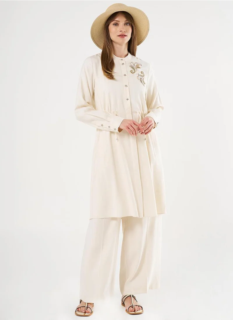 Kayra Embroidered Appliqué Drawstring Waist Long Tunic Ecru