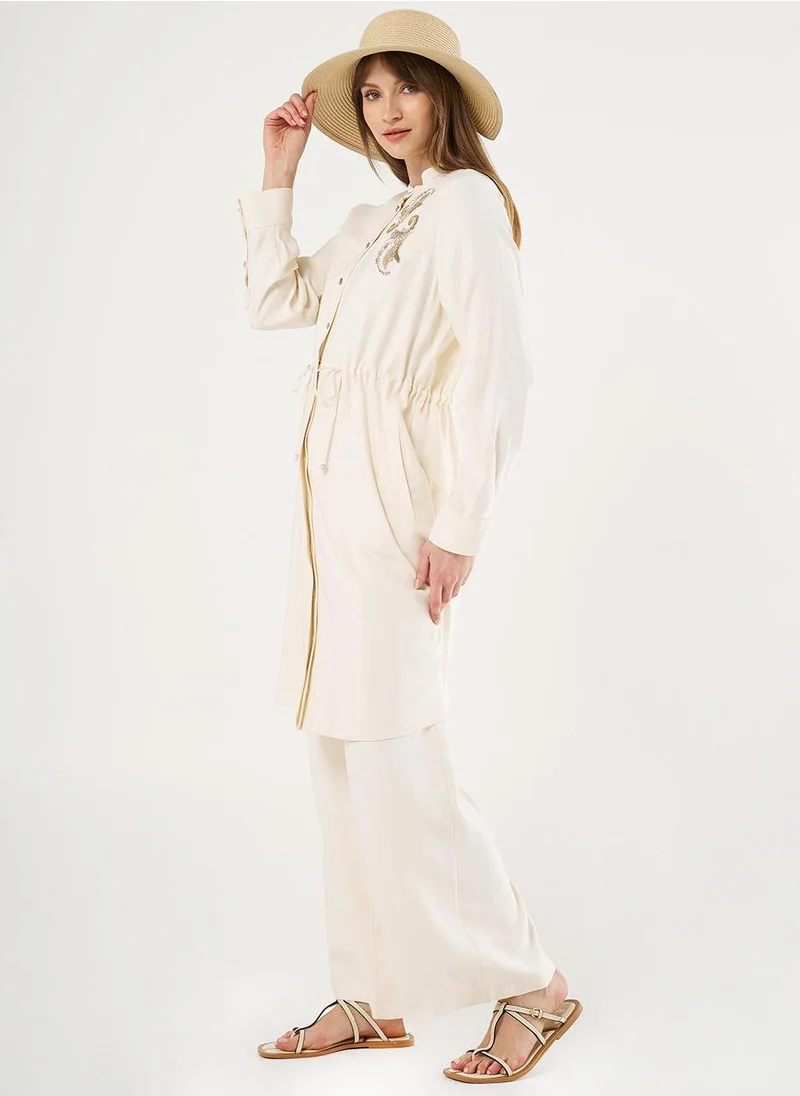 Kayra Embroidered Appliqué Drawstring Waist Long Tunic Ecru