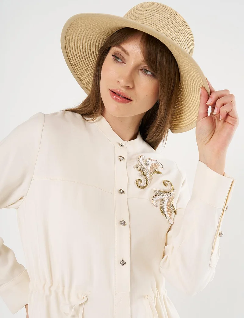Kayra Embroidered Appliqué Drawstring Waist Long Tunic Ecru
