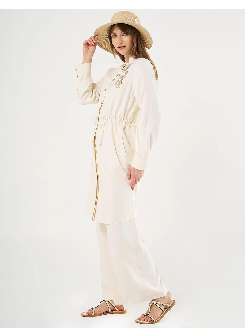 Kayra Embroidered Appliqué Drawstring Waist Long Tunic Ecru
