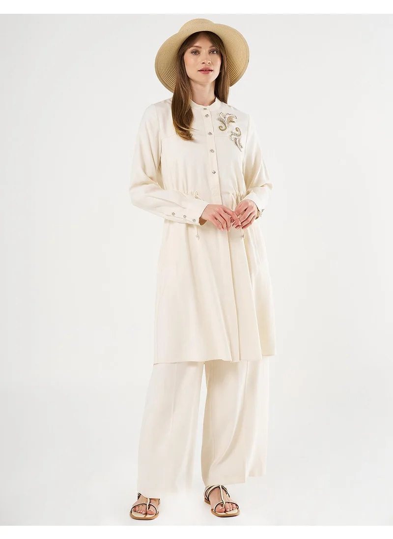 Kayra Embroidered Appliqué Drawstring Waist Long Tunic Ecru
